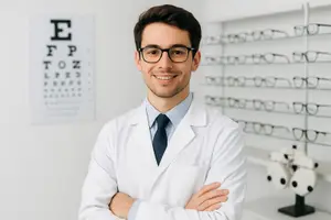 A smiling male optometrist in a white lab coat stands in an eye care clinic.