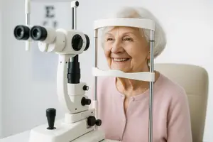 An elderly woman is sitting in front of an eye examination machine, smiling and looking at the camera. She is wearing a pink sweater and has white hair. The machine has a white frame and black lenses, and it is attached to a white wall. There is a white wall with an eye chart in the background.