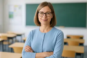 A smiling woman in a blue sweater and glasses stands in a classroom with her arms crossed.