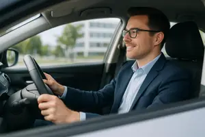 A man is driving a car on a sunny day, with a building in the background and a smile on his face.