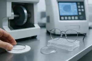 A hand holding a lens next to a pair of glasses and a machine with a monitor in a laboratory setting.
