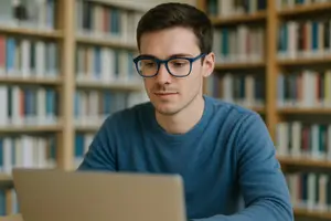 A man wearing glasses is sitting in front of a laptop in a library.