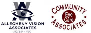 Two logos, one for Allegheny Vision Associates and the other for Community Eye Care Associates, both displayed on contrasting black and white backgrounds.