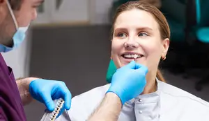A dental professional is examining a woman's teeth while she smiles in a dental clinic.