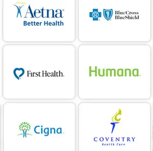 A collage of health insurance company logos including Aetna, BlueCross BlueShield, First Health, Humana, Cigna, and Coventry Health Care.
