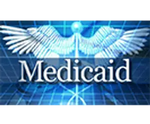 The Medicaid logo features a stylized white angel with wings and a staff, set against a blue grid background.