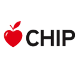 The logo for CHIP, which is a red apple with the word CHIP next to it in black font on a black background.