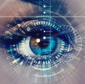 Blue eye with digital patterns and grid overlay