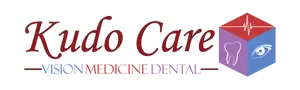 Logo for Kudlo Care, featuring a red cube with a heartbeat line, a tooth, and an eye, set against a dark background.