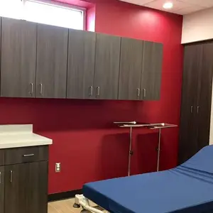 A hospital room with red walls, a bed, cabinets, a window, and medical equipment.
