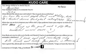 A feedback form from a medical practice has sections for the doctor's name, date, assistant's name, patient comments, and a request for a review on Google, Yelp, and Facebook. The form is handwritten in English and Spanish.