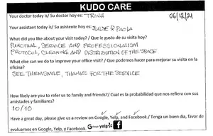 A white sheet of paper with printed text in English and Spanish on it. The text is about patient feedback and satisfaction with a medical office visit, including the doctor's name, assistant's name, and the date. There are also logos for Google, Yelp, and Facebook at the bottom.