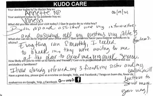 A document with handwritten feedback about a medical visit, including names of the doctor and assistant, and comments about the visit's informativeness and politeness.