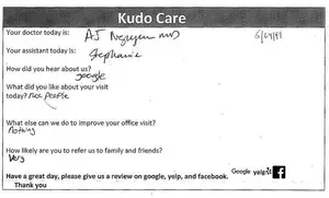 A white document with a header that reads 'Kudo Care', followed by a section with questions and responses, and a footer that says 'Have a great day, please give us a review on Google, Yelp, and Facebook. Thank you'.