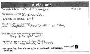 Image of a feedback form for a medical office visit showing positive feedback and a request for review on various platforms.