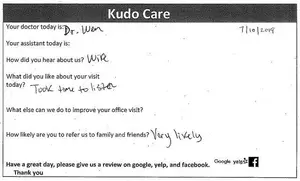 Kudo Care feedback form dated 7/10/2019 with patient feedback on their visit and likelihood of referring others