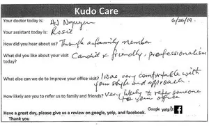 A handwritten note from a patient to a doctor, expressing satisfaction with the candid and friendly professionalism of the visit, and mentioning that they were comfortable with the doctor's style and approach. The note also requests a review on Google, Yelp, and Facebook, and concludes with a thank you.