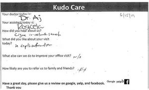 A form for patients to fill out to give feedback about their experience at the doctor's office.