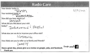 A document titled 'Kudo Care' from June 9, 2019, asking about a patient's visit experience with their doctor and assistant, Trinh and Rosiceta, respectively.
