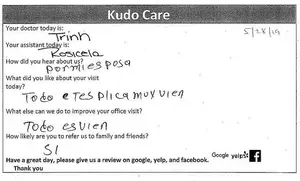 A feedback form from Kudo Care asks about the patient's experience, including the doctor's name, Trinh, and the assistant's name, Rosicle.