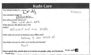 A medical office feedback form for a patient named Dr. Aj and their assistant Rosicelia, dated April 16, 2019, asking for comments on their visit and likelihood of recommending the service to others.