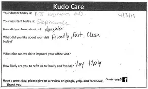 A feedback form from a medical office includes details about the patient's visit, their satisfaction, and a request for a review on Google, Yelp, and Facebook.