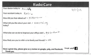 A white sheet of paper contains a handwritten survey about a medical visit with responses and a request for a review on Google, Yelp, and Facebook. The text is in black ink and includes details such as the doctor's name, the date, and comments about the visit and potential improvements.