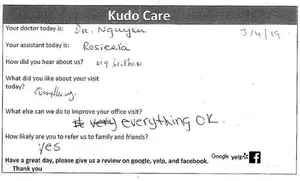 A handwritten feedback form for a medical office visit includes details about the doctor, assistant, and patient comments on their experience and likelihood of recommending the service.