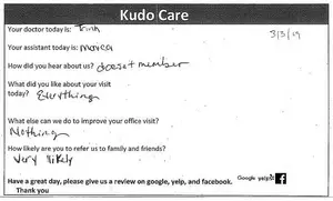 A feedback form from a patient visit to Kud Care medical office with comments and a request for a review on Google, Yelp, and Facebook.