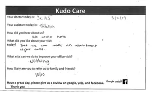 A feedback form from a medical office visit includes fields for patient information, comments on the visit, and a request for a review on Google, Yelp, and Facebook.