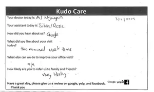 Patient feedback form for a doctor's office visit on March 1, 2019, with questions about the visit and likelihood of referrals, and a request for reviews on Google, Yelp, and Facebook.