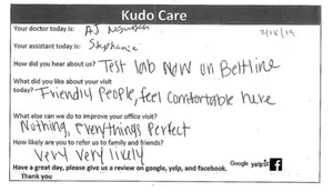 Kudo Care survey form with handwritten responses from a patient about their visit and how likely they are to recommend the service.