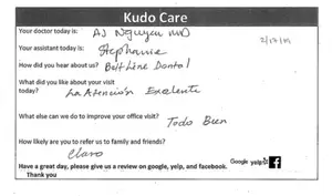 Document with feedback request and patient information from a dental office
