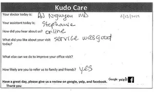 A document titled 'Kudo Care' with various patient feedback questions and responses, including a handwritten note about the service being good and a request for a review on Google, Yelp, and Facebook, dated February 13, 2019.