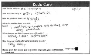 A handwritten feedback form from a patient at a medical office, dated February 3, 2019, includes comments about the doctor, assistant, and the overall visit experience, along with a request for a review on various platforms.