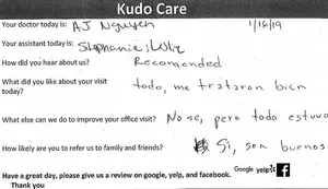 A handwritten feedback form from a patient at Kud Care with various questions and answers written in Spanish.