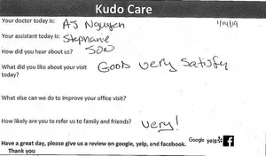 A document titled 'Kudo Care' includes feedback from a patient, with sections for doctor, assistant, visit satisfaction, and referral likelihood, concluding with a request for a review on Google, Yelp, and Facebook.