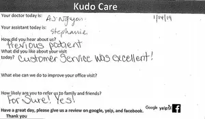 Feedback form from a patient at Kud Care showing positive feedback and details of the visit.