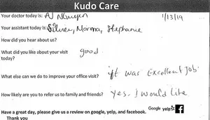 A handwritten note on a white sheet of paper with feedback about a medical visit, including the doctor's name, assistant's name, and various questions answered by the patient.