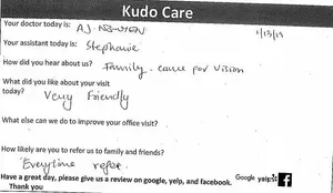 A handwritten survey form with comments and feedback about a medical visit, dated 11/13/19, asking for a review on Google, Yelp, and Facebook.