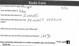Feedback form from a medical office asking about the patient's experience, including their doctor and assistant, and how they heard about the service. It also asks for improvements and likelihood of referrals, and encourages a review on Google, Yelp, and Facebook.
