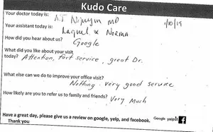 A document with patient feedback about their visit to a medical clinic, including details about the doctor, assistant, and overall experience.