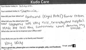 A handwritten feedback form for a medical office, titled 'Kudo Care,' includes details about the patient's visit, the staff's demeanor, and a request for a review.