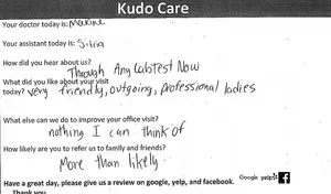 Customer feedback form for a medical office visit with handwritten comments