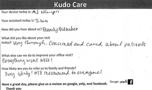 Survey form asking patient for feedback on their visit at a medical clinic with the heading 'Kudo Care'