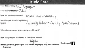 A feedback form from a medical office asking about a patient's visit, including the doctor and assistant's names, how they heard about the practice, what they liked, and their likelihood of recommending the practice to others.