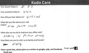 A handwritten feedback form for a medical office visit, including comments about the staff and a request for a review on Google, Yelp, and Facebook.