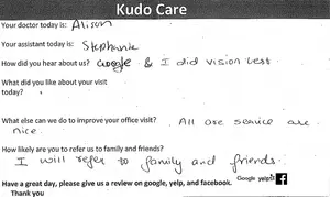 A feedback form from a patient at a medical office, filled out in pen, includes details about their visit and mentions of the doctor and assistant by name.