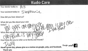 A handwritten feedback form from a patient praising their visit, including comments on the doctor and office staff.