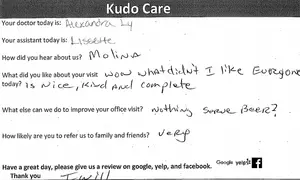 An image of a document with feedback about a medical office visit.